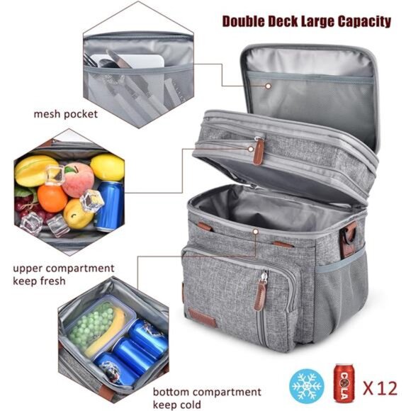 Lunch Bag for Women Men Double Deck Lunch Box - Leakproof Insulated Soft Large - Picture 6 of 7